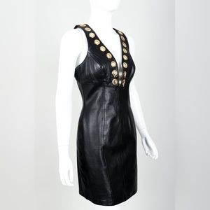 Vintage Black Leather Size 3/4 Michael Hoban Mini Dress with Gold Grommets